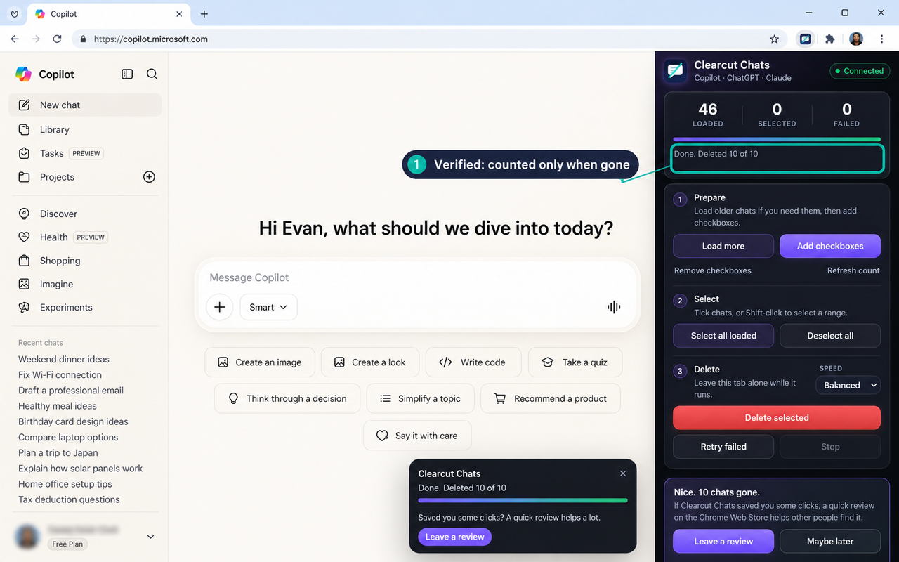 Clearcut Chats finished deleting ten chats on Microsoft Copilot